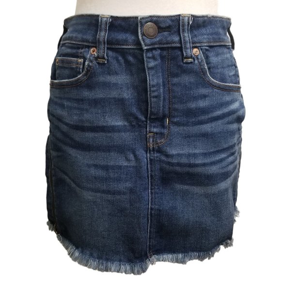 American Eagle Outfitters Hi-Rise Mini Skirt Blue Zipper Sides Frayed Hem Size 4 - Picture 1 of 16